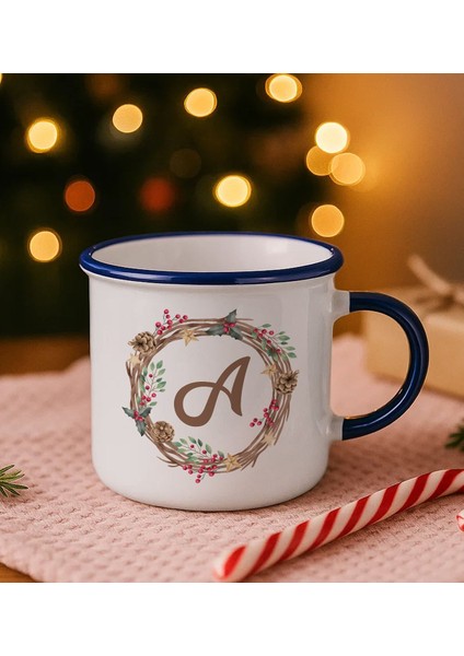 Kişiye Özel Harfli Yılbaşı Tasarımlı Lacivert Emaye Kupa Bardak, Arkadaşa Hediye, Yeni Yıl Hediyesi