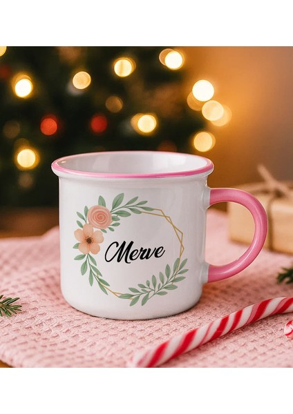 Kişiye Özel Çiçek Tasarımlı Pembe Emaye Kupa Bardak -21, Arkadaşa Hediye, Sevgiliye Hediye