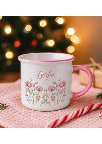 Kişiye Özel Çiçek Tasarımlı Pembe Emaye Kupa Bardak -15, Arkadaşa Hediye, Sevgiliye Hediye