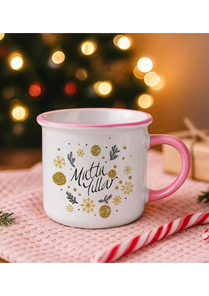 Kişiye Özel Yılbaşı Tasarımlı Pembe Emaye Kupa Bardak -3, Arkadaşa Hediye, Yeni Yıl Hediyesi