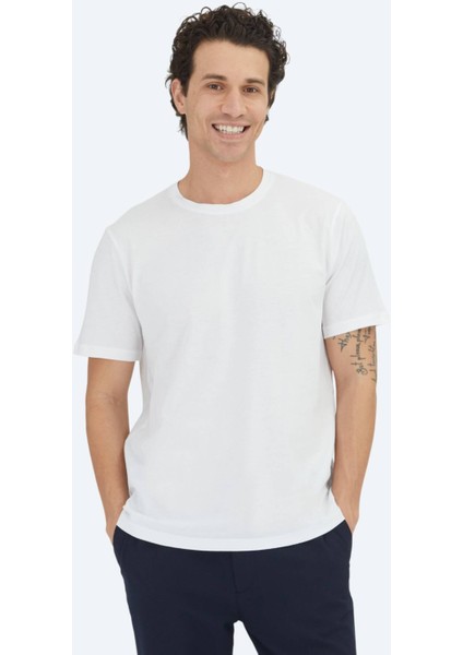 Kırık Beyaz Düz Bisiklet Yaka %100 Pamuk T-Shirt