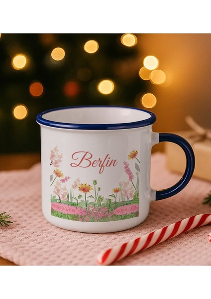 Kişiye Özel Çiçek Tasarımlı Lacivert Emaye Kupa Bardak -14, Arkadaşa Hediye, Sevgiliye Hediye