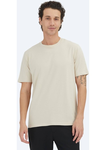 Bej Düz Bisiklet Yaka %100 Pamuk T-Shirt