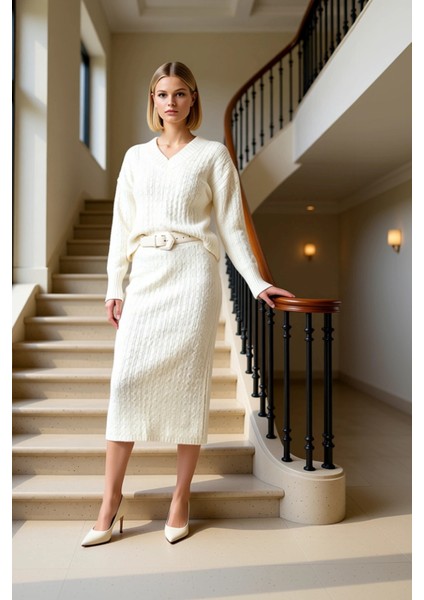 Kadın Alt Üst Oversize Saç Örgü Desenli Triko Kazak ve Midi Etek Ikili Takım Kış Sezonu Rahatlığı