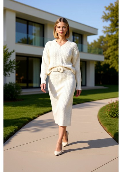 Kadın Alt Üst Oversize Saç Örgü Desenli Triko Kazak ve Midi Etek Ikili Takım Kış Sezonu Rahatlığı fiyatları