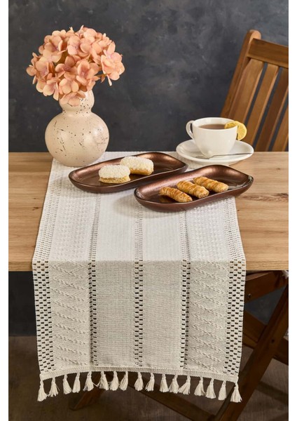 Rustique Krem Pamuk Masa Örtüsü Runner 35X145 cm