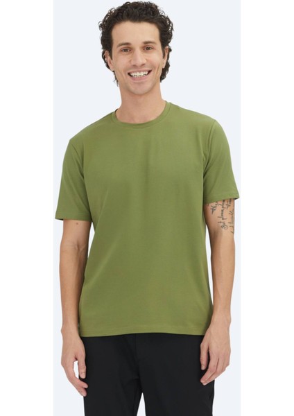 Yeşil Düz Bisiklet Yaka Pamuk Karışımlı T-Shirt