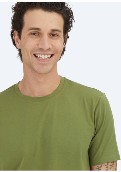 Yeşil Düz Bisiklet Yaka Pamuk Karışımlı T-Shirt