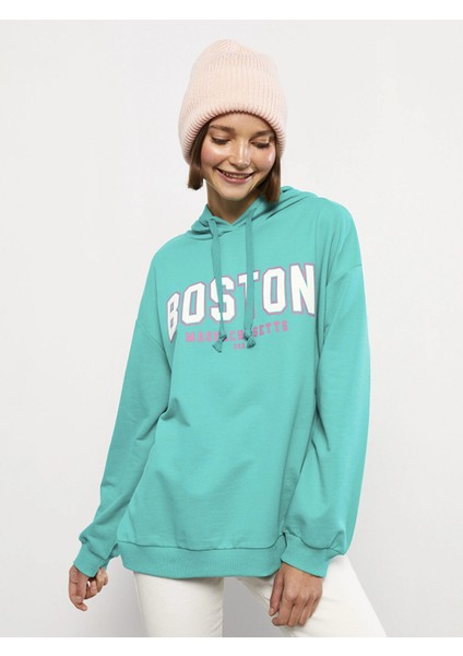 Lcw Vision Yeşil Kapüşonlu Baskılı Uzun Kollu Kadın Sweatshirt