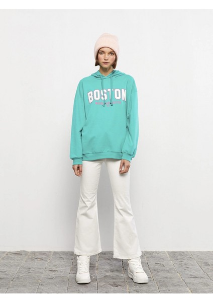 Lcw Vision Yeşil Kapüşonlu Baskılı Uzun Kollu Kadın Sweatshirt modelleri