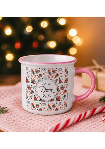 Kişiye Özel Isimli Yılbaşı Tasarımlı Pembe Emaye Kupa Bardak -11, Arkadaşa Hediye, Yeni Yıl Hediyesi