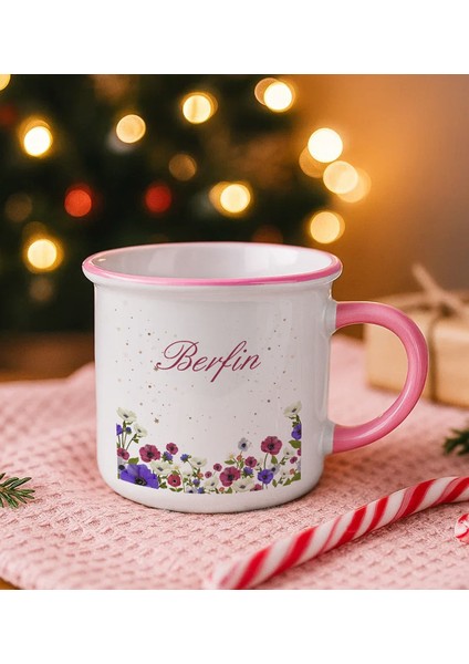 Kişiye Özel Çiçek Tasarımlı Pembe Emaye Kupa Bardak -10, Arkadaşa Hediye, Sevgiliye Hediye