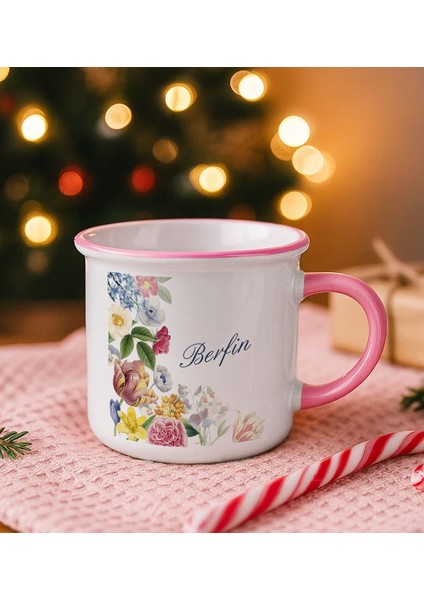 Kişiye Özel Çiçek Tasarımlı Pembe Emaye Kupa Bardak -8, Arkadaşa Hediye, Sevgiliye Hediye