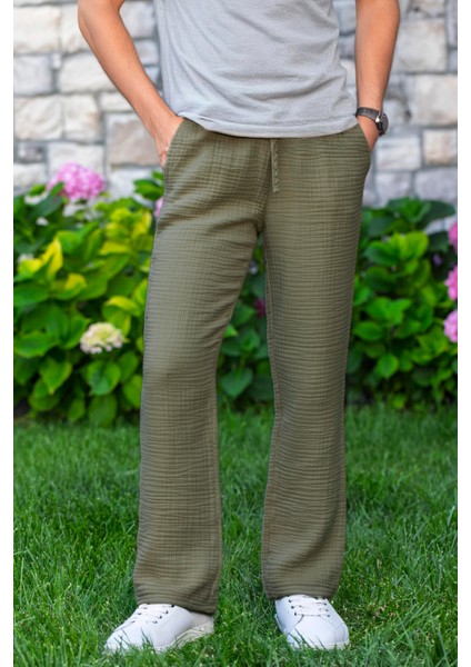 Beli Lastikli Multi Çift Cepli Müslin Kadın/erkek Unisex Yazlık Pantolon Haki Hk