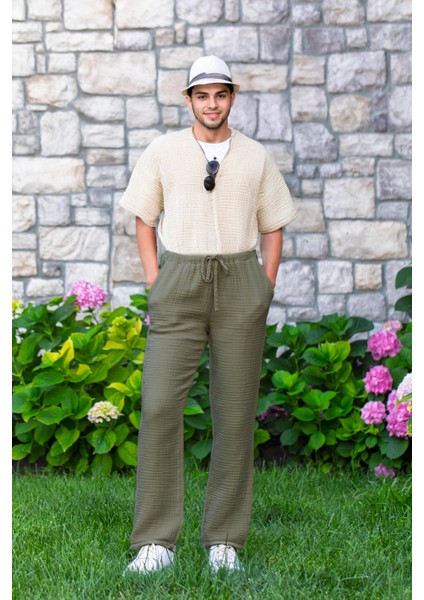 Beli Lastikli Multi Çift Cepli Müslin Kadın/erkek Unisex Yazlık Pantolon Haki Hk fırsatları