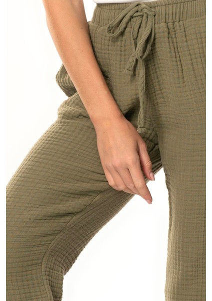 Beli Lastikli Multi Çift Cepli Müslin Kadın/erkek Unisex Yazlık Pantolon Haki Hk