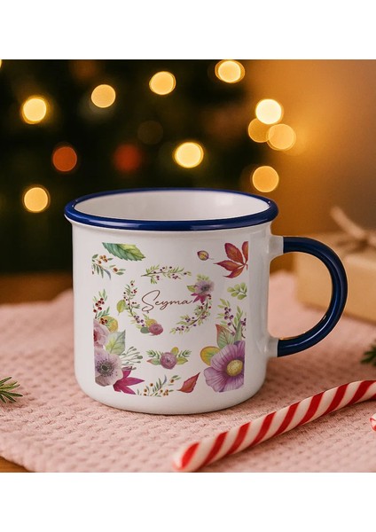 Kişiye Özel Çiçek Tasarımlı Lacivert Emaye Kupa Bardak -1, Arkadaşa Hediye, Sevgiliye Hediye