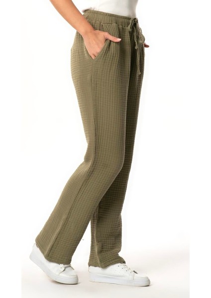 Beli Lastikli Multi Çift Cepli Müslin Kadın/erkek Unisex Yazlık Pantolon Haki Hk