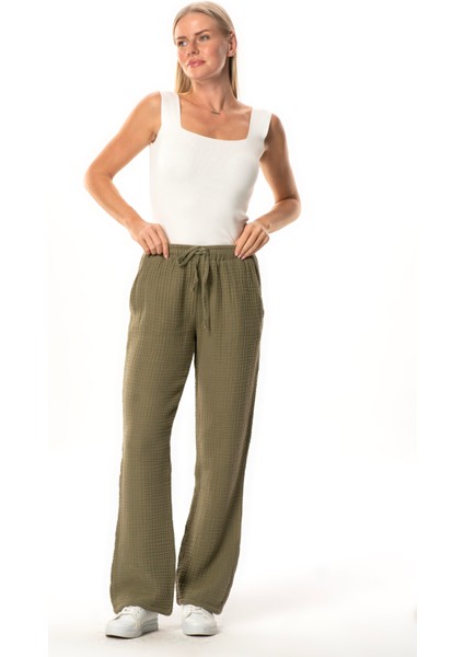 Beli Lastikli Multi Çift Cepli Müslin Kadın/erkek Unisex Yazlık Pantolon Haki Hk