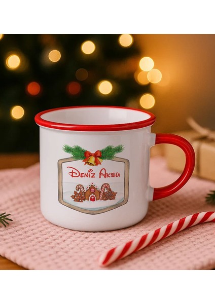 Kişiye Özel Isimli Yılbaşı Tasarımlı Kırmızı Emaye Kupa Bardak -7, Arkadaşa Hediye, Yeni Yıl Hediyesi