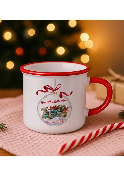 Kişiye Özel Isimli Yılbaşı Tasarımlı Kırmızı Emaye Kupa Bardak -3, Arkadaşa Hediye, Yeni Yıl Hediyesi