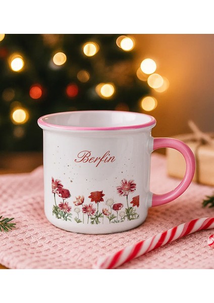 Kişiye Özel Çiçek Tasarımlı Pembe Emaye Kupa Bardak -9, Arkadaşa Hediye, Sevgiliye Hediye