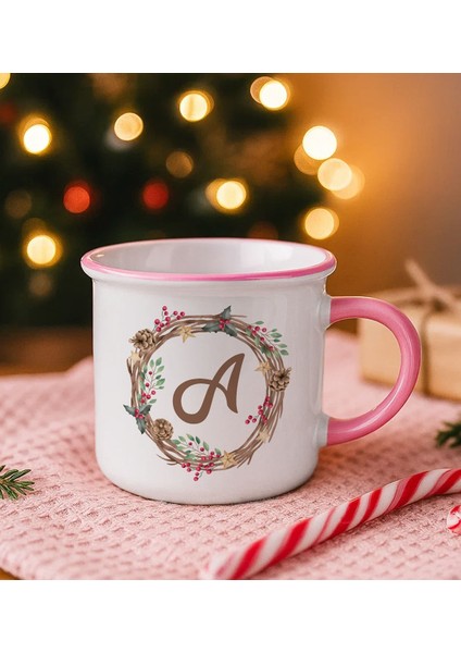Kişiye Özel Harfli Yılbaşı Tasarımlı Pembe Emaye Kupa Bardak, Arkadaşa Hediye, Yeni Yıl Hediyesi