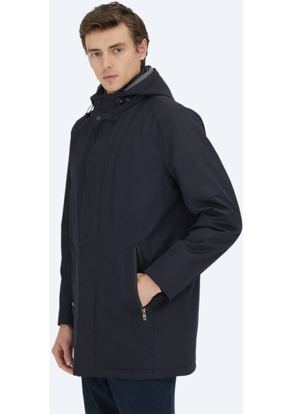 Lacivert Kapüşonlu Casual Dokuma Kaban