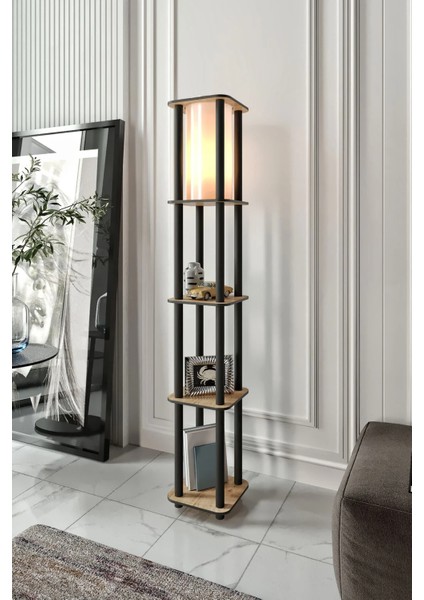 Estantes Kare Dekoratif Raflı Lambader Meşe