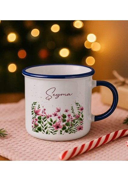 Kişiye Özel Çiçek Tasarımlı Lacivert Emaye Kupa Bardak -5, Arkadaşa Hediye, Sevgiliye Hediye