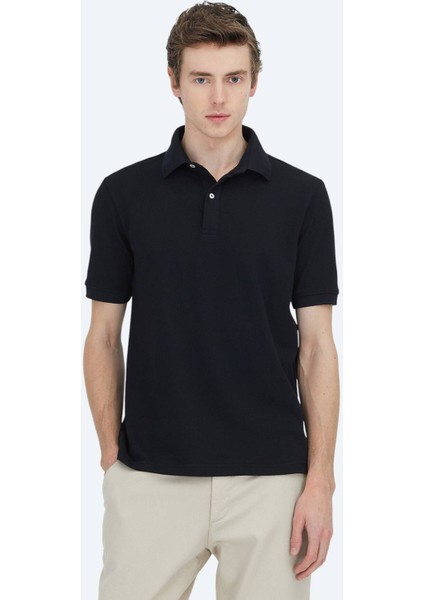 Siyah Düz Polo Yaka Pamuk Karışımlı T-Shirt fiyatları