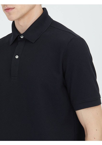 Siyah Düz Polo Yaka Pamuk Karışımlı T-Shirt indirimleri