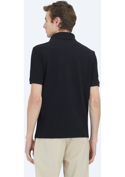Siyah Düz Polo Yaka Pamuk Karışımlı T-Shirt