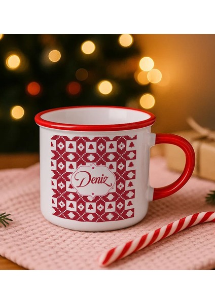 Kişiye Özel Isimli Yılbaşı Tasarımlı Kırmızı Emaye Kupa Bardak -13, Arkadaşa Hediye, Yeni Yıl Hediyesi