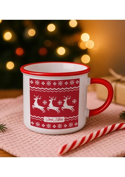 Kişiye Özel Isimli Yılbaşı Tasarımlı Kırmızı Emaye Kupa Bardak -12, Arkadaşa Hediye, Yeni Yıl Hediyesi