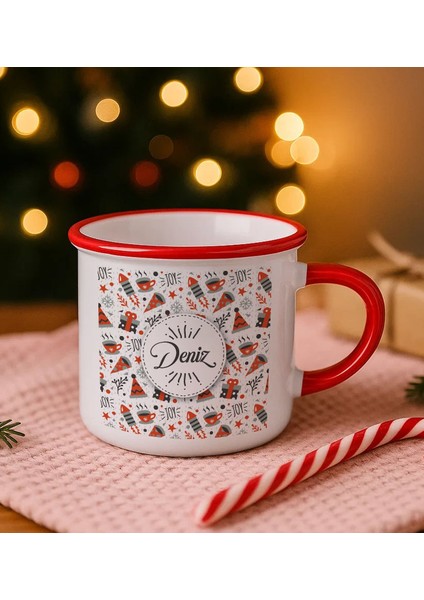Kişiye Özel Isimli Yılbaşı Tasarımlı Kırmızı Emaye Kupa Bardak -11, Arkadaşa Hediye, Yeni Yıl Hediyesi