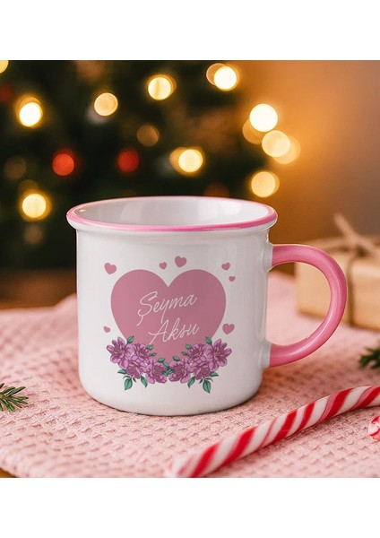 Kişiye Özel Çiçek Tasarımlı Pembe Emaye Kupa Bardak -20, Arkadaşa Hediye, Sevgiliye Hediye