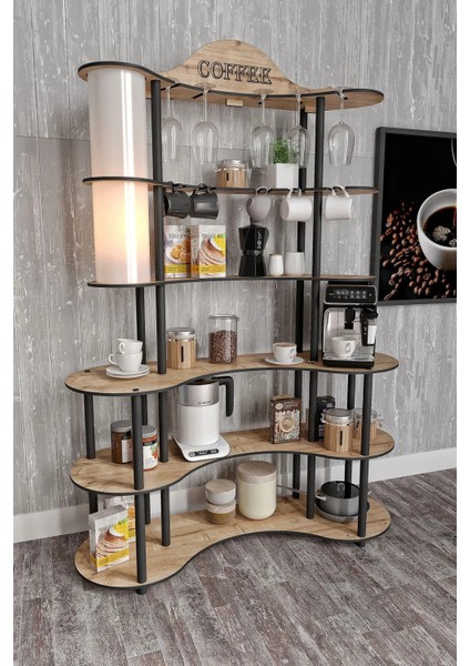 Brew Bliss Kahve Köşesi Lambaderli Raf Meşe