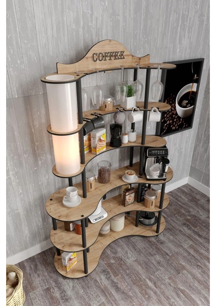 Brew Bliss Kahve Köşesi Lambaderli Raf Meşe modelleri