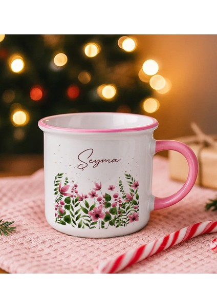 Kişiye Özel Çiçek Tasarımlı Pembe Emaye Kupa Bardak -5, Arkadaşa Hediye, Sevgiliye Hediye