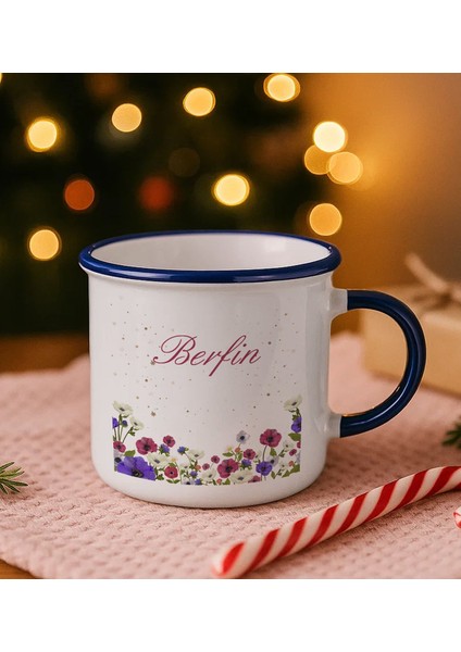 Kişiye Özel Çiçek Tasarımlı Lacivert Emaye Kupa Bardak -10, Arkadaşa Hediye, Sevgiliye Hediye