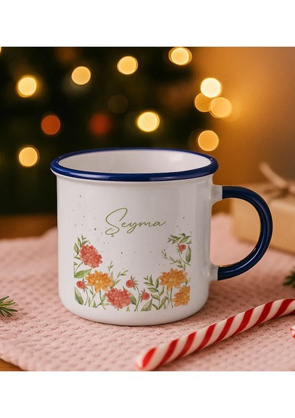 Kişiye Özel Çiçek Tasarımlı Lacivert Emaye Kupa Bardak -4, Arkadaşa Hediye, Sevgiliye Hediye