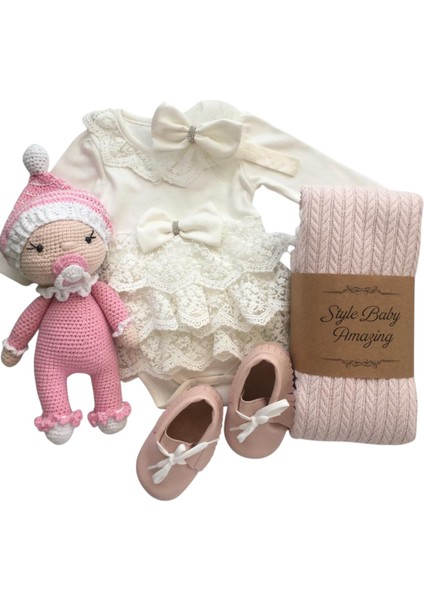 Hoşgeldin Bebek, Yenidoğan Kız Bebek, Dantelli Bady Bandana Triko Battniye, Hediye Seti modelleri