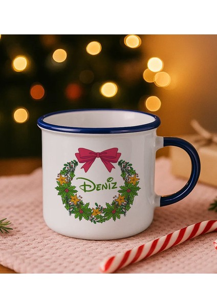 Kişiye Özel Isimli Yılbaşı Tasarımlı Lacivert Emaye Kupa Bardak -6, Arkadaşa Hediye, Yeni Yıl Hediyesi