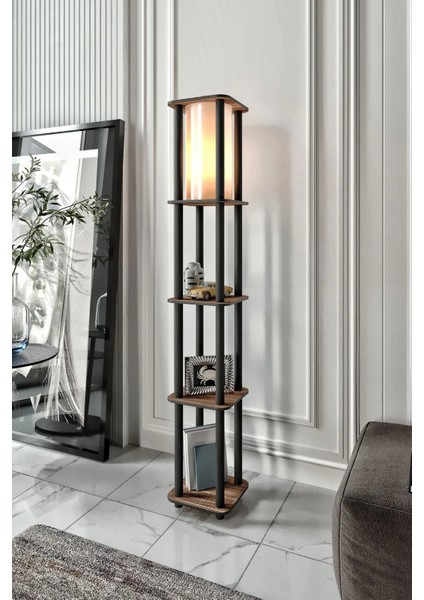 Estantes Kare Dekoratif Raflı Lambader Ceviz