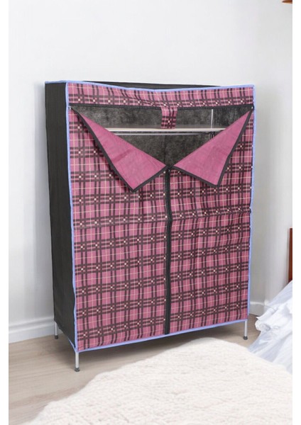 Kalın Metal Borulu Iskeletli Bez Gardrop Portatif Demonte Elbise Dolabı Bez Dolap Bordo