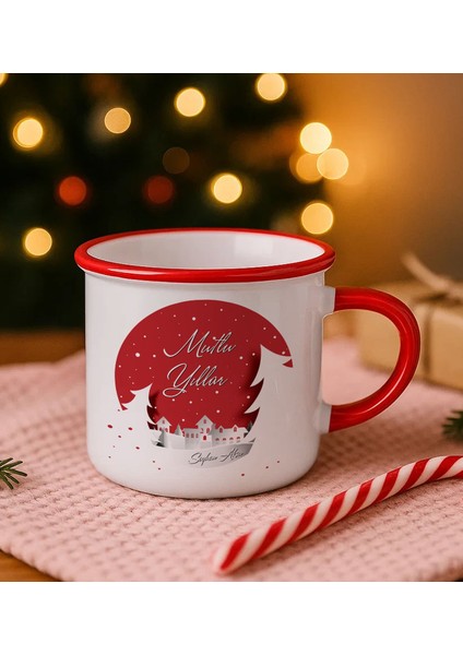 Kişiye Özel Isimli Yılbaşı Tasarımlı Kırmızı Emaye Kupa Bardak -4, Arkadaşa Hediye, Yeni Yıl Hediyesi