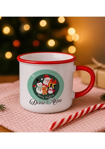 Kişiye Özel Isimli Yılbaşı Tasarımlı Kırmızı Emaye Kupa Bardak -2, Arkadaşa Hediye, Yeni Yıl Hediyesi