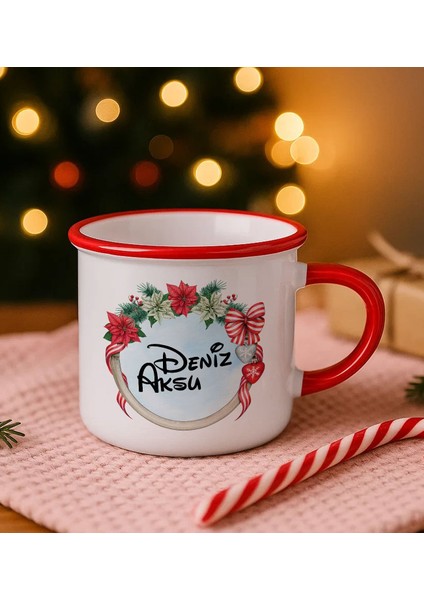 Kişiye Özel Isimli Yılbaşı Tasarımlı Kırmızı Emaye Kupa Bardak -5, Arkadaşa Hediye, Yeni Yıl Hediyesi