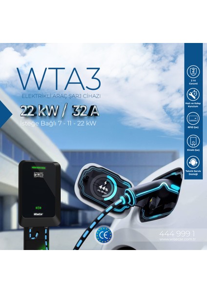 Wta Ledli Standlı - 11 & 22 Kw Elektrikli Araç Şarj Cihazı RFID Kartlı & Ledli Stand, Ev Wallbox Type 2